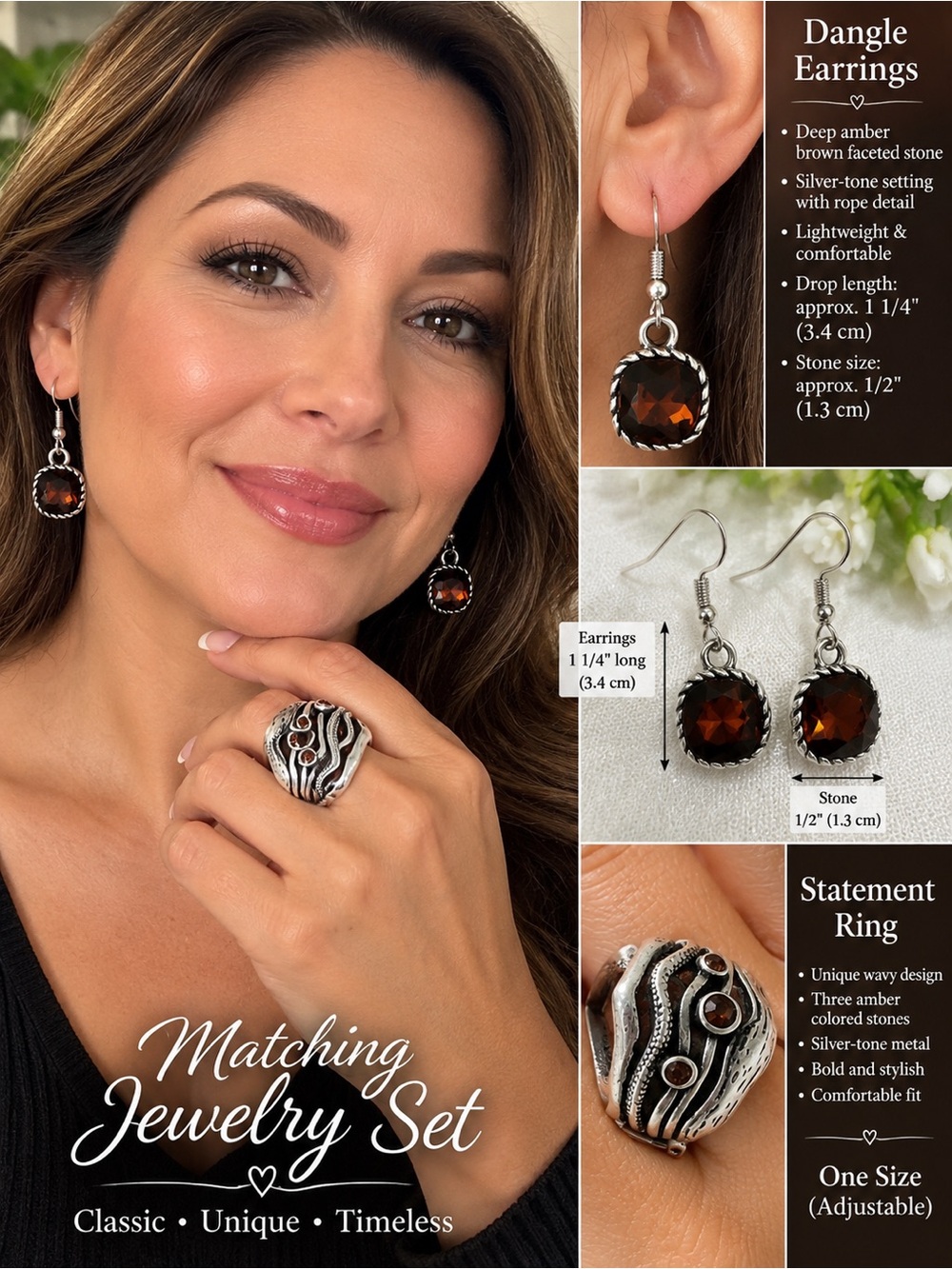 Amber Faceted Dangle Earrings and Statement Ring Set - Silver-Tone